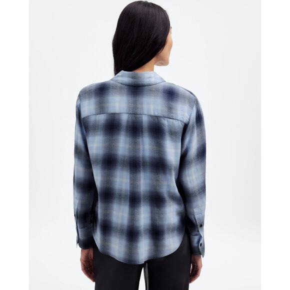 Madewell Easy Y-Neck Button-Up Shirt SZ 2XS Deep Indigo White Plaid Long Sleeve - Picture 2 of 7